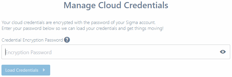 Cloud Credentials pane with encryption PIN request prompt