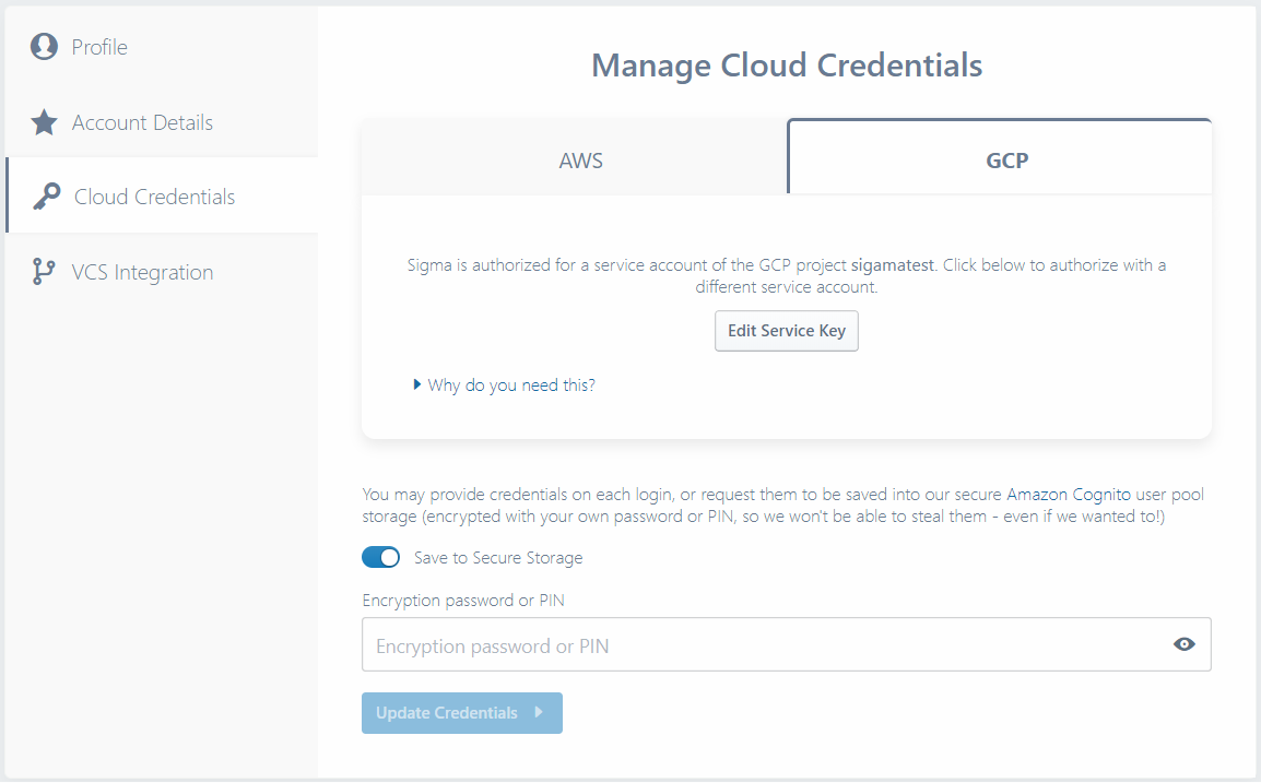 Cloud Credentials tab with GCP credentials populated