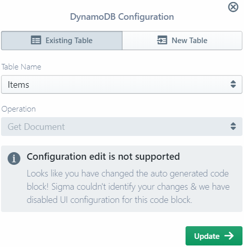 DynamoDB operation edit pop-up for a *Get Document* operation that Sigma failed to parse