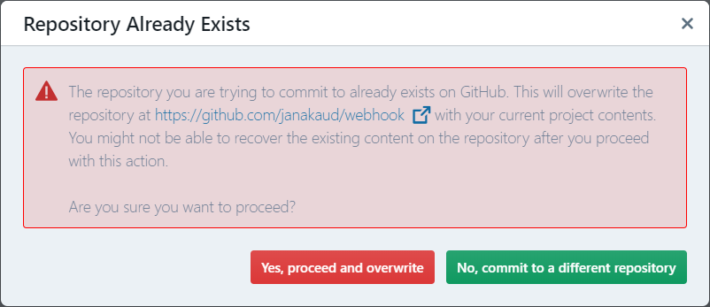 "Repository Already Exists" warning dialog