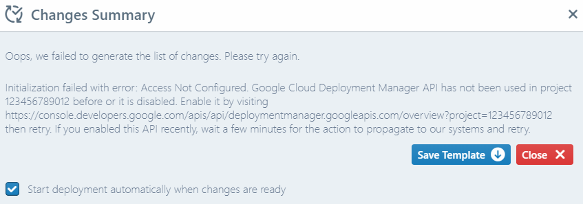 Deployment monitor: error when GCP Deployment Manager API is not enabled