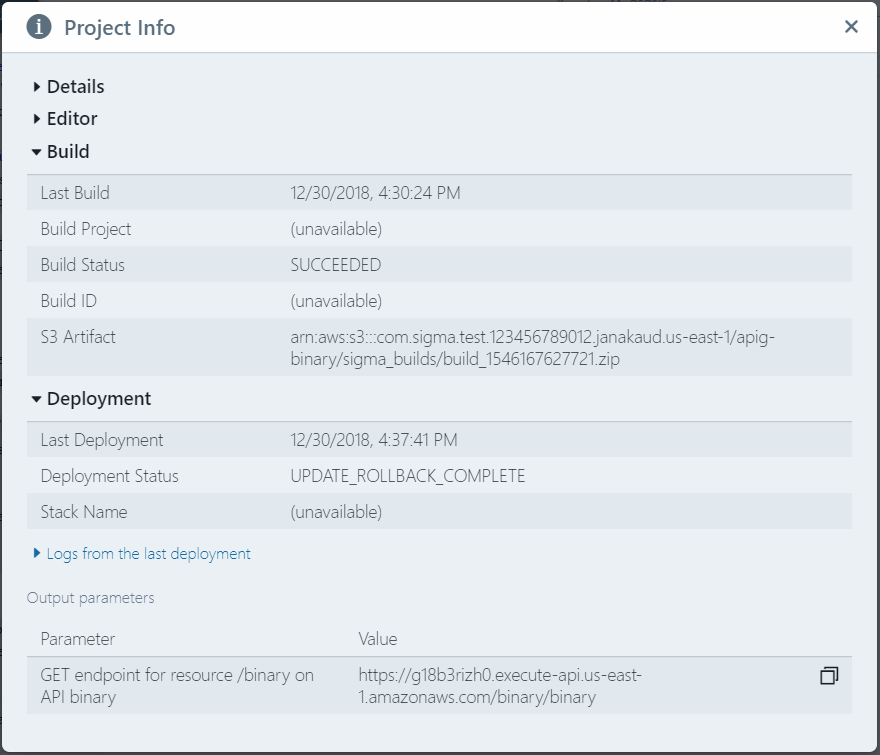 Project Info window