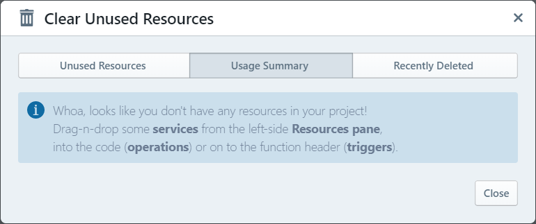 Resource Cleanup dialog: "no resources" message