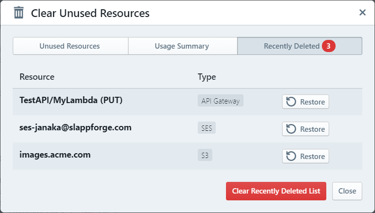 Resource Cleanup dialog: Recently Deleted tab
