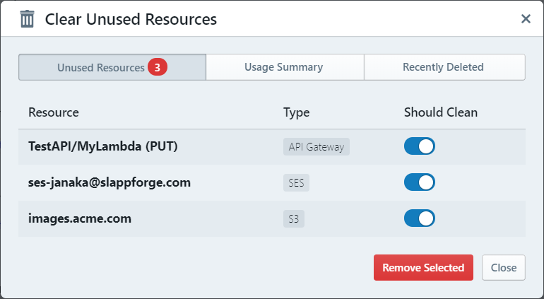 Resource Cleanup dialog: Unused Resources tab