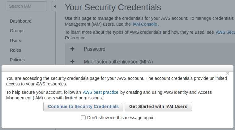 AWS IAM: Security Credentials page