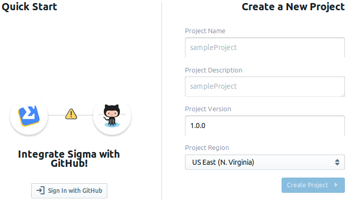 Sigma Projects page with GitHub integration message