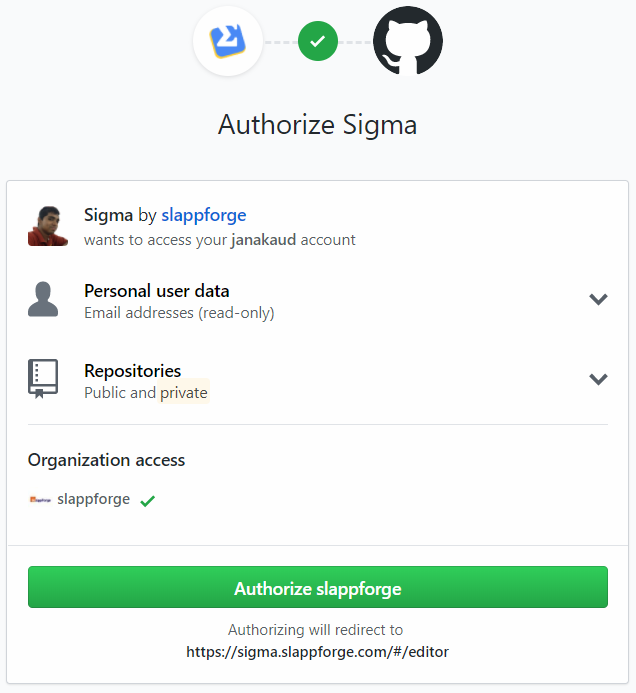 'Sigma' GitHub app authorization dialog